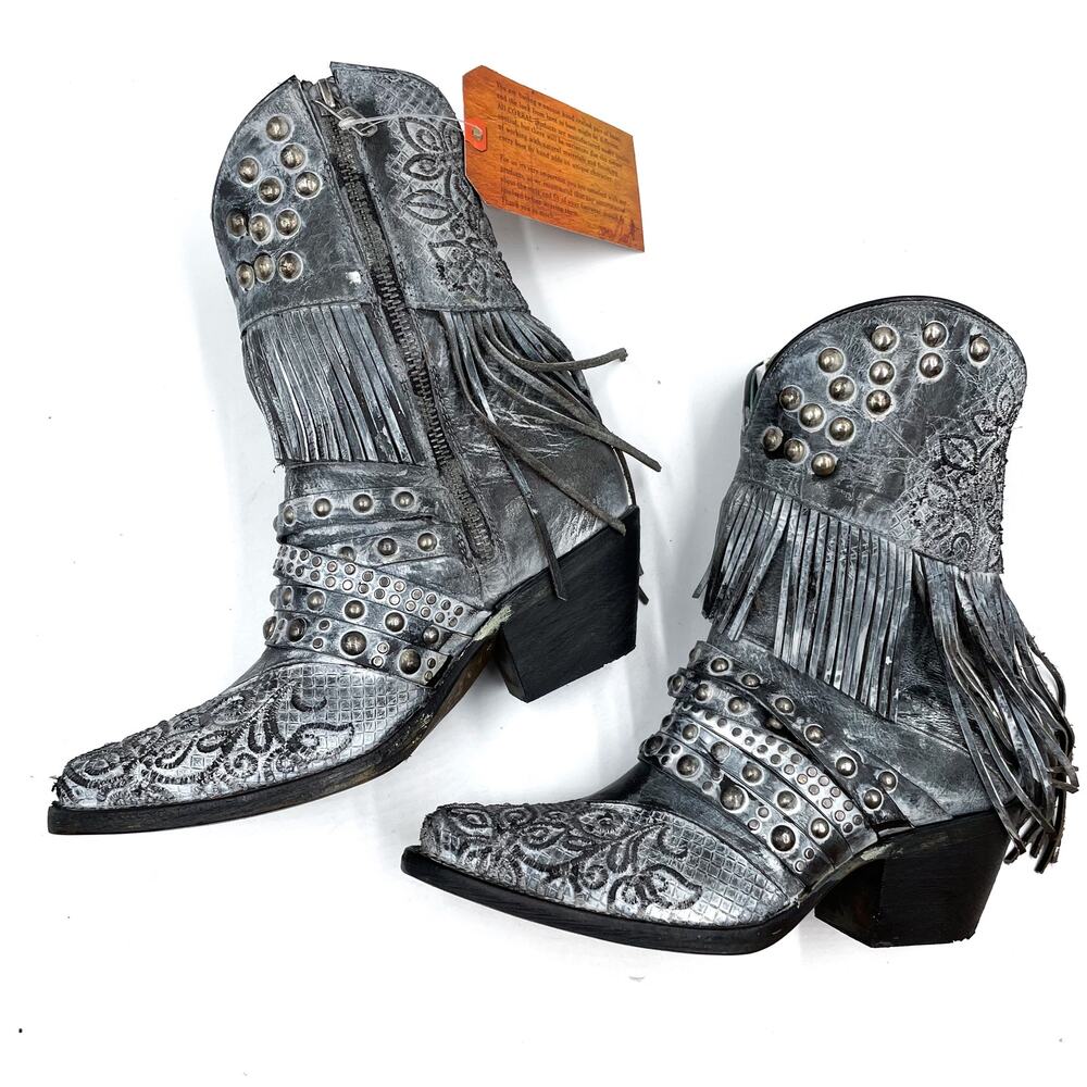 Corral Embroidery Studded Fringe‎ Boots Grey Leather Ankle Western Sz 6.5 Z0103 - Picture 6 of 10